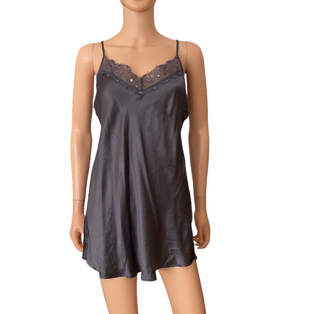 Metro Seven Silk Women’s Slip Dress with Sequins and Lace in Gray
